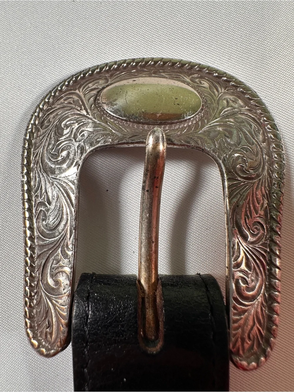M&P Black Leather Belt with Silver Western Buckle and Red Heart Accents